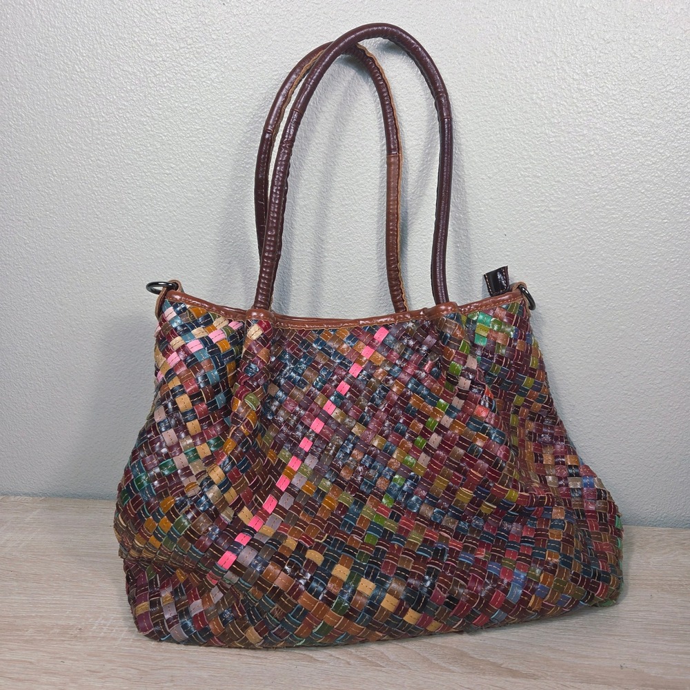 AmeriLeather Multicolor Woven Leather Tote Bag Patchwork Shoulder Purse Boho Art - Picture 13 of 16